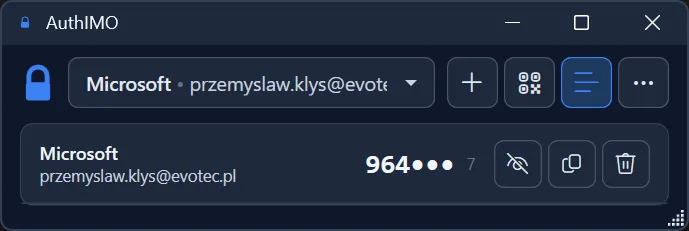 AuthIMO dark theme - Minimal view showing OTP code with countdown timer