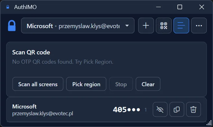 AuthIMO dark theme - QR code scanning using CodeGlyphX screen capture