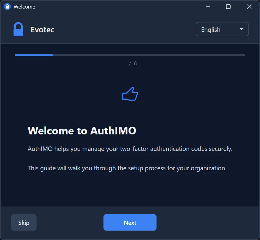 AuthIMO dark theme - Setup wizard welcome screen