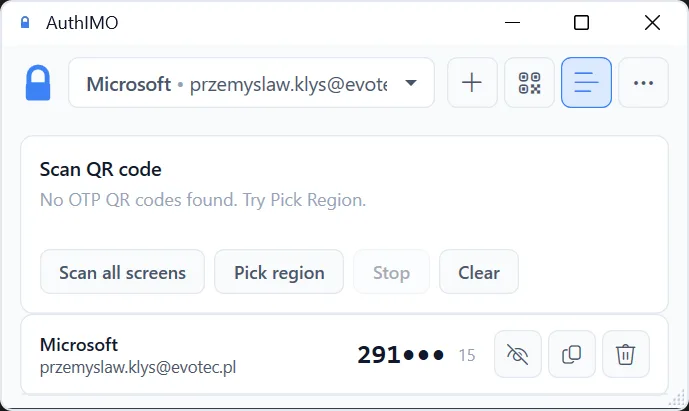 AuthIMO light theme - QR code scanning using CodeGlyphX screen capture