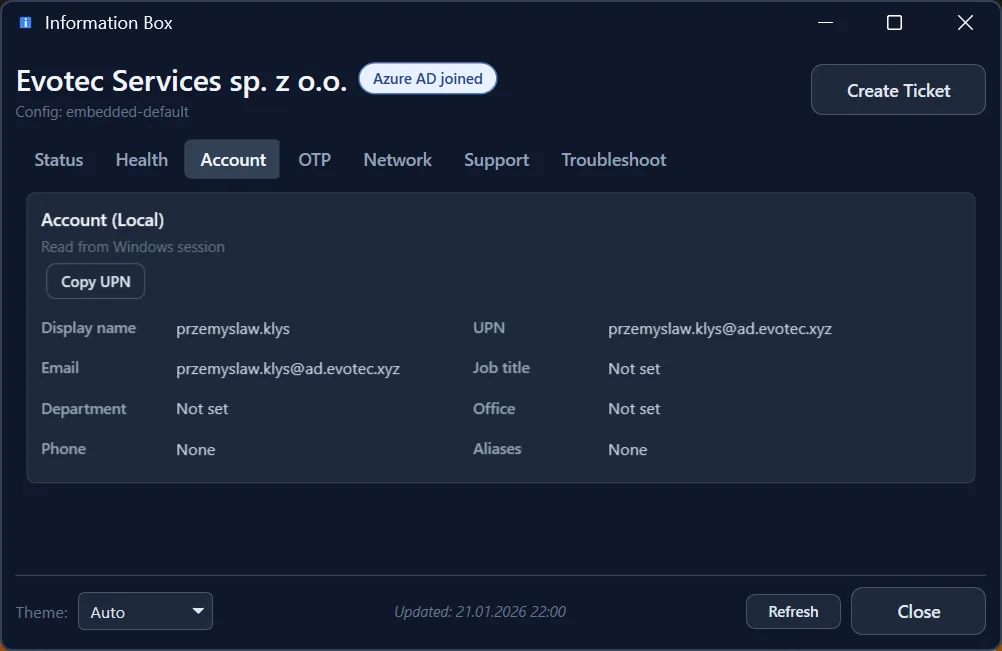 Information Box dark theme - Account tab with user details from Active Directory