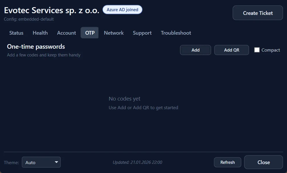 Information Box dark theme - OTP tab with QR code generated by CodeGlyphX