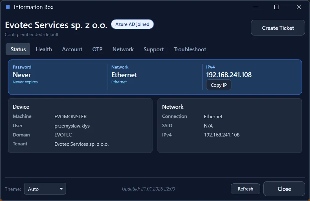 Information Box dark theme - Status tab showing device and network information