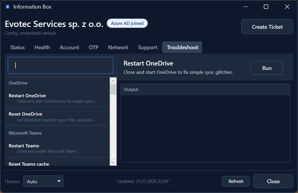 Information Box dark theme - Troubleshoot tab with built-in fix actions