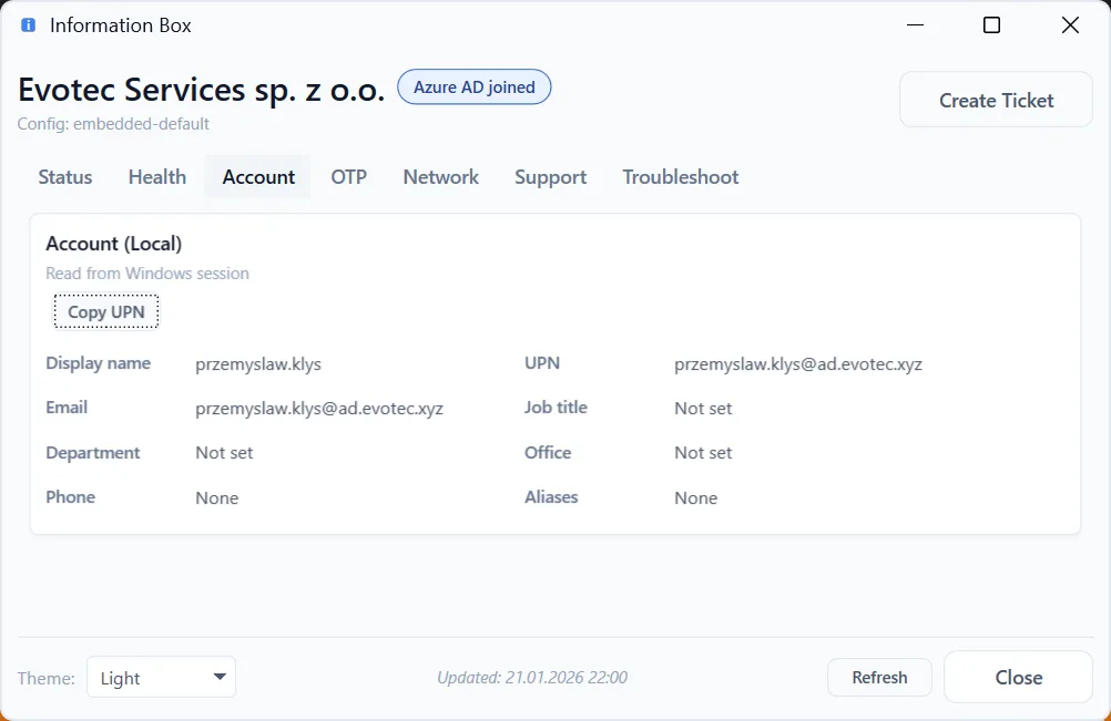 Information Box light theme - Account tab with user details from Active Directory