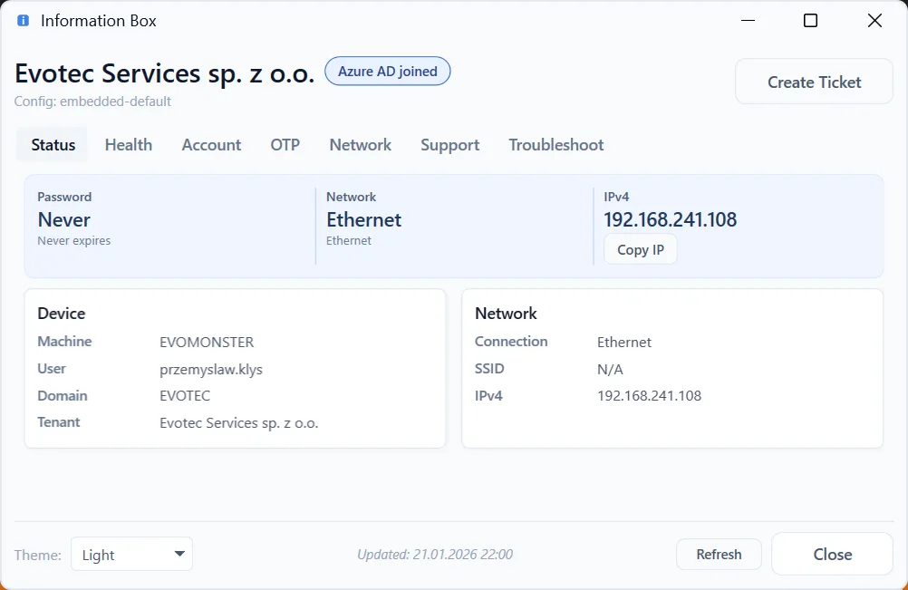 Information Box light theme - Status tab showing device and network information